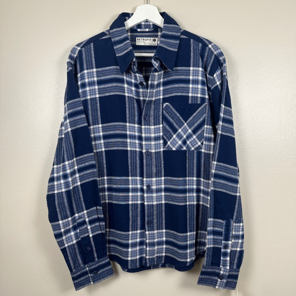 Retrofit Men's M Flannel Shirt Blue White Plaid Long Sleeve Cotton NEW‎